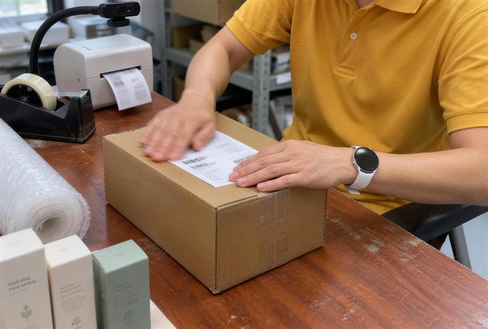 Labelling a packed carton at the packing desk